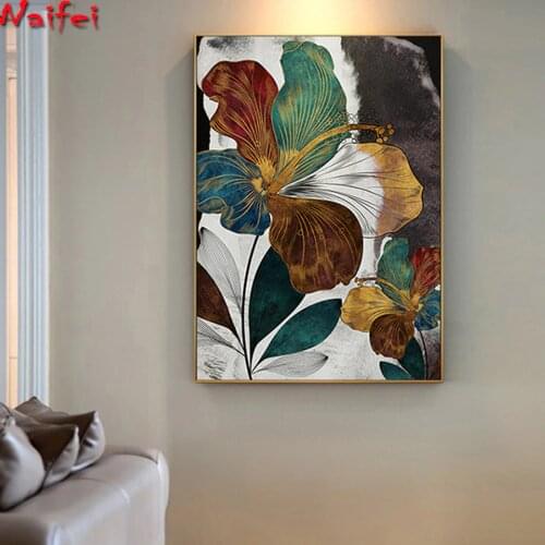Abstract Gold Bloom Flower diamond Painting Modern Blue diamond embroidery Luxury Wall Picture for Living Room In Saudi Arabia