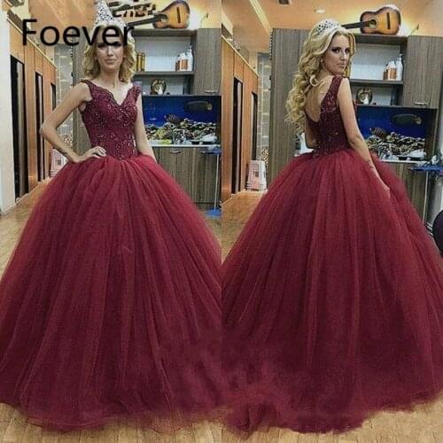 Burgundy Tulle Ball Gown Evening Dresses V Neck Beads Applique Bodice Long Dubai Wedding Party Gowns