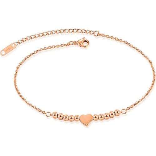 Hot Sale Heart With Beads Rose Gold Color Stainless Steel Anklets