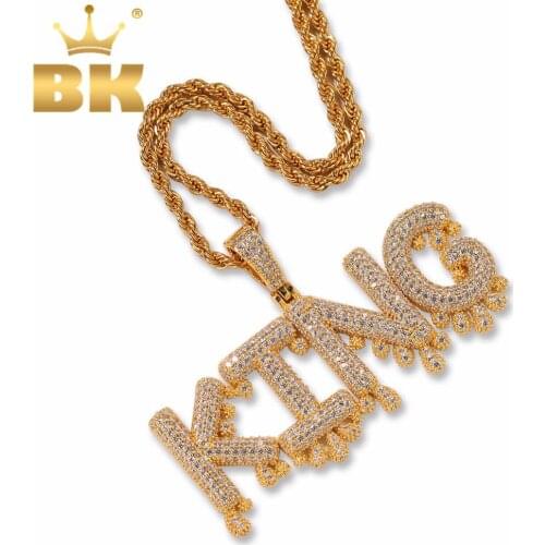 THE BLING KING Words Name Pendants Bubble Initial Letters With 4mm CZ Tennis Chain Pendant Full Gold Color Iced Jewelry