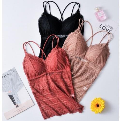 Long-V-neck Lace Cross Fine Camisole Beauty Back Tube Top Vest GIRLS Base with Chest Pad Wrap-around Underwear halter top -GM