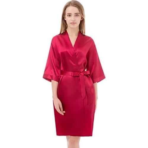 Womens Pure Color Silky Short Kimono Robe Sleeve Bridesmaid Robe Sexy Solid Ladys Silk Satin Bathrobe Sleepwear
