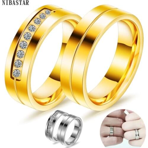 NIBASTAR Crystal Zircon Rings For Couples Love Fashion Stainless Steel Engagement Wedding Jewelry Gift Accessory For Women Men