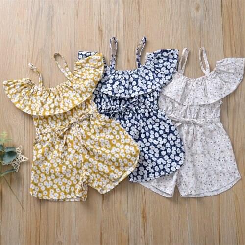 Toddler Kids Summer Short Sleeve Off-Shoulder Romper Baby Girl Sleeveless Floral Printed Tie-Up Spaghetti Strap Playsuit