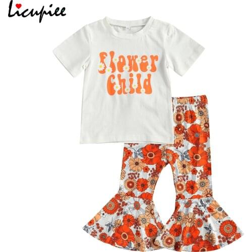 2-7 Years 2 Pieces Kids Suit Set Girls Floral Print Round Neck Shirt Sleeve T-shirt+ Flared Trousers for Summer