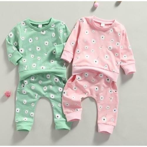 Cute Autumn New Baby Girls Pullover+Pants Clothing Set Daisy Flower Pattern Pocket Elastic Waist Toddler Infant Outfits