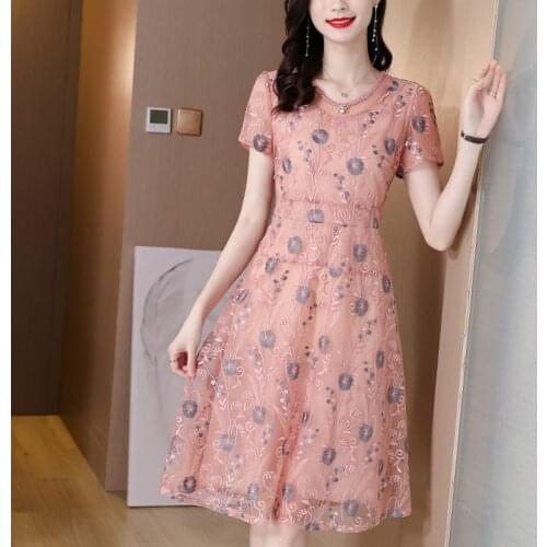 Summer Chic Pink Floral Embroidery Mulberry Silk Dress 2021 Vintage Casual 4XL Plus Size Midi Dress Women Elegant Party Vestidos