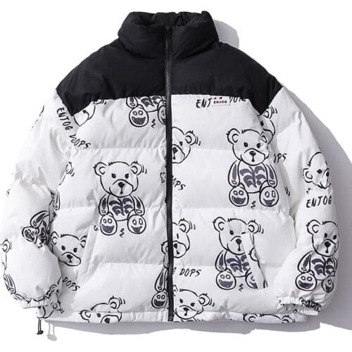 LINDSEY SEADER Mens Winter Warm Jacket Coat Patchwork Cartoon Bear Heated Padded Puffer Jacket Oversize Parka Mens Clothing