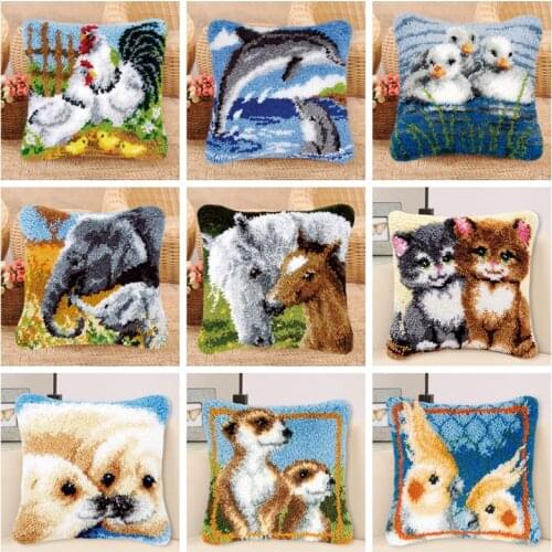 Cartoon Animals Latch Hook Rug Kits Cushion Latch Hook Pillows Mat Cross Stitch Needlework Crocheting DIY Embroidery Pillowcase