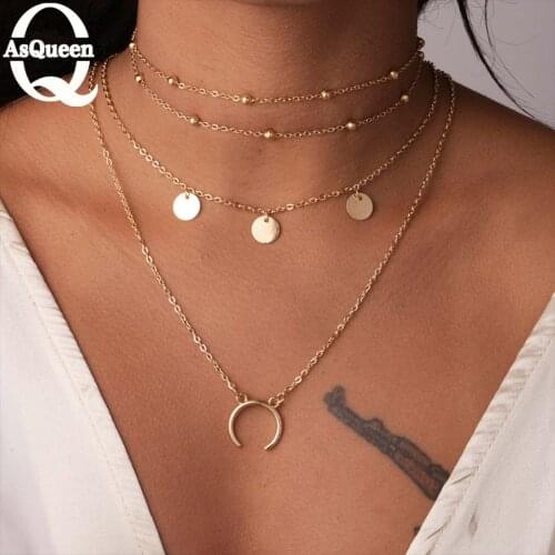 New Fashion Trendy Jewelry Multi Layer Round Beads Moon Pendant Necklace Gift For Women Girl
