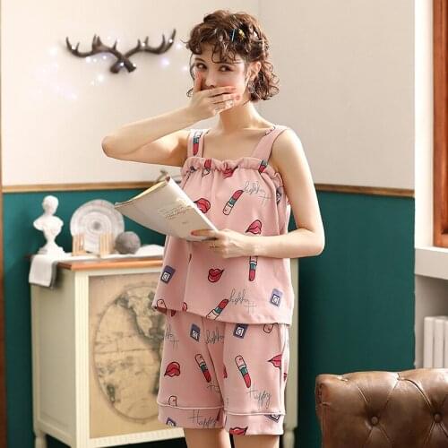 Women new summer spaghetti strap cotton with chest cushion home sexy backless sweet two piece pajama sets pajamas pajama set