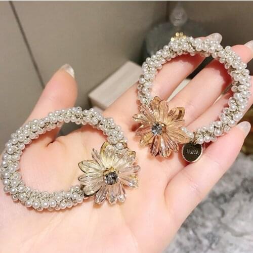 Women Fashion Crystal Daisy Flower Hair Ties Lady Japan Modal Rubber Head Bands