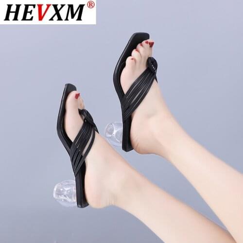 Women Square Toe Slippers Ladies Flip Flop Fashion High Heels Sandals PU Leather Womens Casual Shoe Female Footwear 2021 Summer