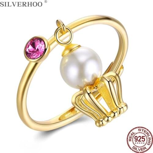 SILVERHOO 925 Sterling Silver Rings Women Gold Color Crown Adjustable Shell Pearl Ring Anniversary Fine Jewelry New Arrivals