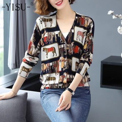 YISU Sweaters Cardigan Women Thin soft Cardigan Fashion long Sleeve V-neck Printed sweater cardigan Autumn Winter Sweaters Coat