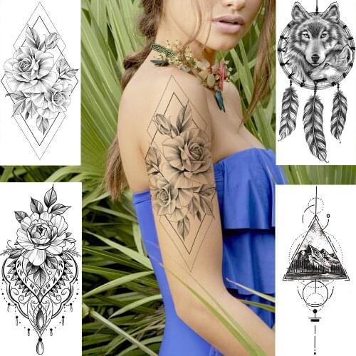 Geometric Flower Temporary Tattoos Sticker Fake Jewelry Dreamcatcher Mountain Tatoos Waterproof Black Wolf Tatoos For Women Men