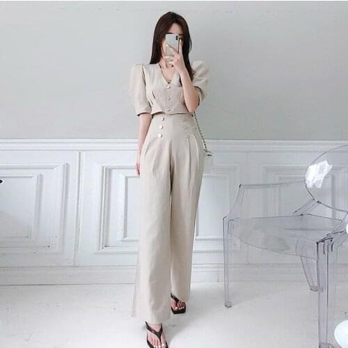 New arrival fashion set for women summer casual v-neck puff sleeve work style fresh simple trend long pant and top two piece set