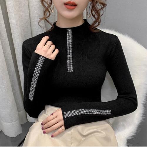 Woman Sweaters Turtleneck Sweater Womens Underwear Fall/Winter Slim Rhinestone Pullover Top Sweater