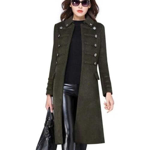 Autumn winter military style stand collar woolen coat women double breasted slim wool blends coat