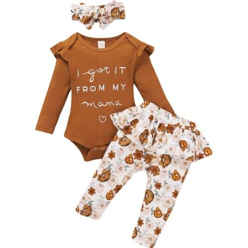 2020 Boho Autumn 0-24M Infant Baby Girl Cothes Letter Long Sleeve Knited Romper Tops+Ruffle Tutu Floral Print Pants 3pcs Set