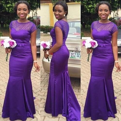 Aso Ebi Purple Bridesmaid Dresses Mermaid Beadings Illusion Round Neck Capped Sleeves Maid Of Honor For Bridal Party Gowns