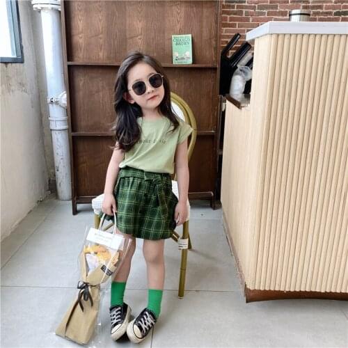 2021 Children Summer New Set Sweet Fresh Cotton Korean Girl Plaid Skirt Two Piece Set