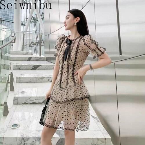 Europe Fashion Mesh Stitching Lace Black Perspective Women Summer O Neck Short Sleeves Tie Ruffle mini Polka dot Dress