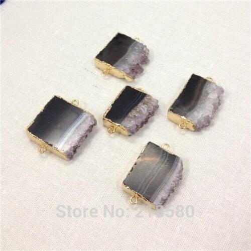 H-AMD41 Raw Druzy Amethysts Druzy Slice Pendant with Gold Electroplated ,Two Loops