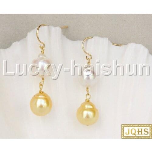 JQHS AAAA luster Dangle Baroque white golden south sea pearls Beaded Earrings 14KT gold j11847