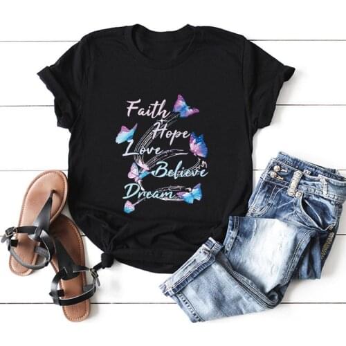 Summer Women T Shirt Plus Size Cotton Cute Butterfly Faith Letters Print Short Sleeve Oversized Tshirts Casual Graphic Tee Tops