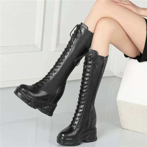 Fashion Sneakers Women Lace Up Black Genuine Leather High Heel Mid Calf Boots Female High Top Round Toe Thigh High Pumps Shoes