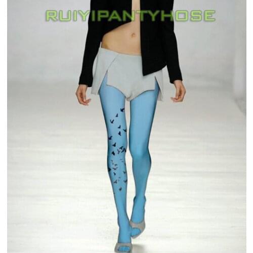 140D Little Bird Pantyhose velvet thick of art single leg color flying bird printing pantyhose