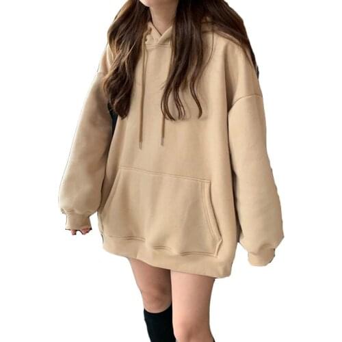 2020 Autumn And Winter New Plus Velvet Thick Solid Color Ladies Hoodie Loose Harajuku Drawstring Mid-length Casual Girl Pullover
