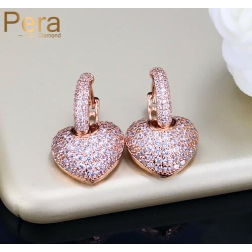 Pera Fashion Korean Cute Style Clear Hoop Cubic Zirconia Paved Rose Gold Color Big Heart Shape Stud Earrings For Women Gift E304
