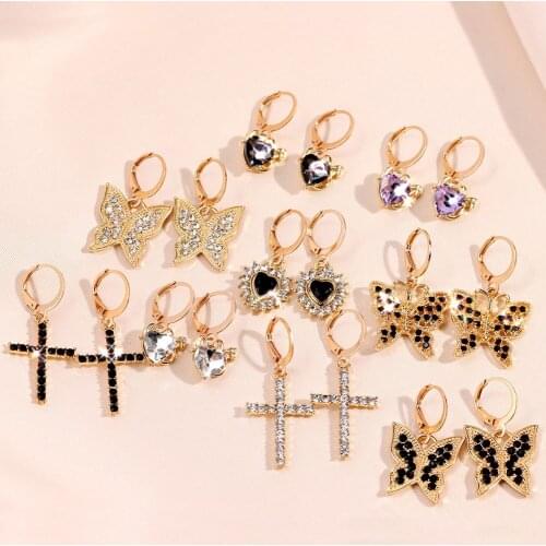 JUST FEEL Cute Butterfly Heart Rhinestone Drop Earrings for Women Girls Golden Cross Geometric Dangle Earrings Fashion Jewelry