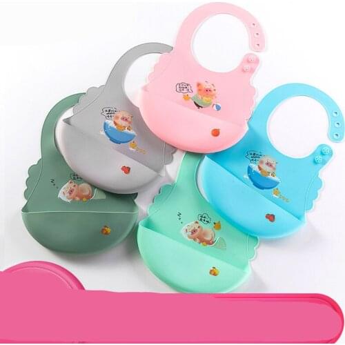 Cartoon Pig Baby Bibs Waterproof BPA Free Silicone Baby Bib With Buttons Toddler Girl Boy Adjustable Baby Feeding Stuff