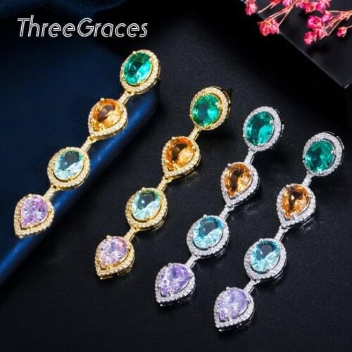 ThreeGraces Gorgeous Oval Green Crystal Cubic Zircon Ear Line Tear Drop Chain Long Earrings for Women Luxury Party Jewelry ER449