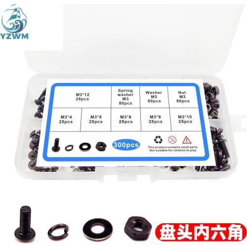 Cross Border Special Supply 300pcs Black Round Head Pan Head, Head Hexagon Screw M3 Bolt Nut Flat Pad Spring Box