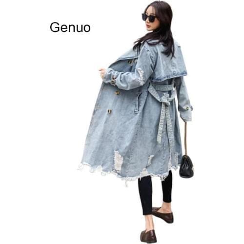 Womens Trench Coat spring Waist Denim Windbreaker Fashion Full Sleeve Outwear Printed Female Long Denim Coat Loose Big Size