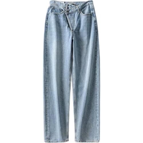 Vintage Women Straight Leg Jeans Asymmetric Waist Loose High Waist Jeans Fashion Casual Women Summer Denim Pants