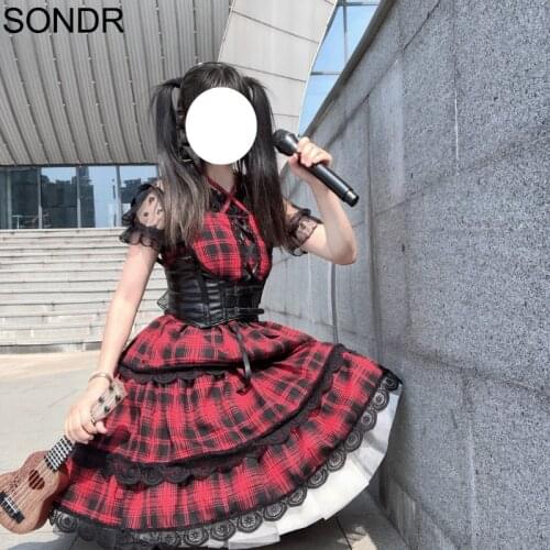 Japanese Gothic Lolita Suspender Skirt Sweet Soft Girl JSK Vintage Red Plaid Dress Lace Stitching Lolita Women Kawaii Clothing