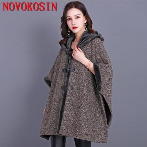 Women Lining Velvet Cloak Big Pendulum Cardigan Winter Warm Thick Horn Buckle Coat 2021 Batwing Sleeve Long Poncho With Hat