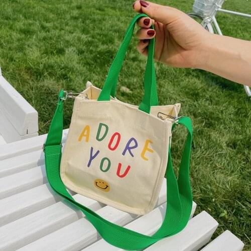 Women Smile Canvas Tote Bag Letters Print Shoulder Bag Cotton Cloth Ladies Handbag Reusable Shopping Bags for Boutique 2021 New