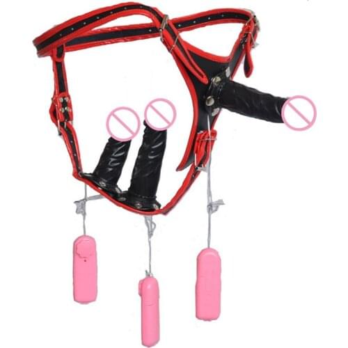 Women Leather Wear full vibration masturbation Lesbian Penis Three Removable dildos gay sex toys chastity briefs sex products