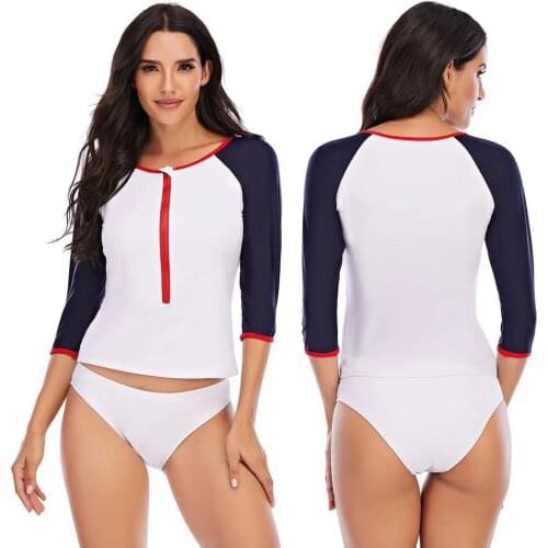 Women Long Sleeve Swimsuit Sun Protection Rash Guard Zipper SwimwearTwo Piece Print Surf Shirt Top Triangle Bottom