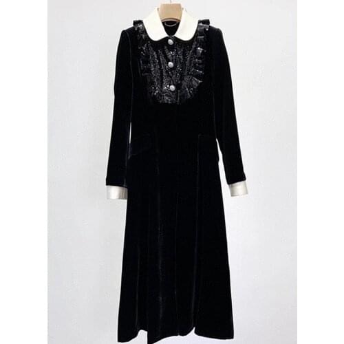 2021 Women Maxi Dress Velvet Long Sleeve Turn-Down Collar Ruffled Sequins Waist-Hugging Christmas Party Dresses