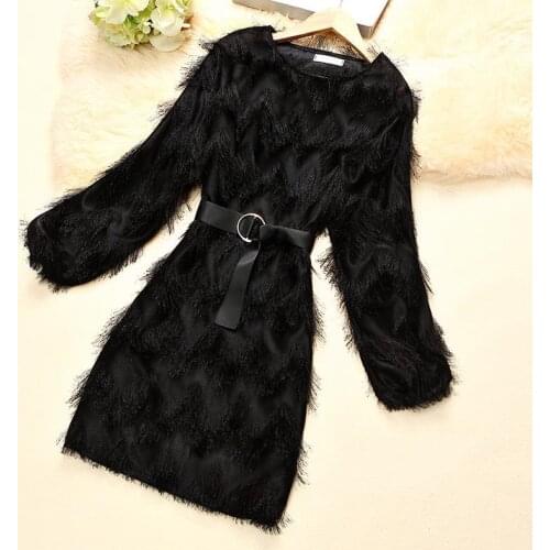 Dresses for Women Tassel Dress for Women Fall Winter Fashion round Neck Furry Long Sleeve Narrow A- line Dress Vestido De Mujer