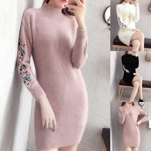 Winter Women Casual Floral Embroidery Long Sleeve O Neck Knit Sweater Mini Dress