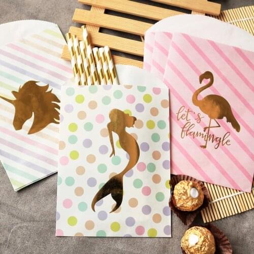 10pcs Pink Flamingo Paper Gift Bag Mermaid Party Gold Dots Candy Bag Birthday Favor Unicorn Thank You Kraft Paper Bag