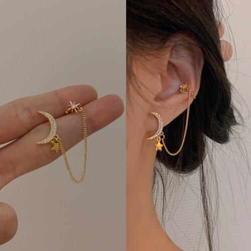 2021 Elegant Cute Rhinestone Star Moon Stud Earrings for Women Girls Fashion Long Chain Boucle 1pcs Earring Jewelry Gifts